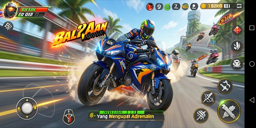 Screenshot gameplay <strong>9ZK</strong> menampilkan balapan motor yang seru dan menegangkan.