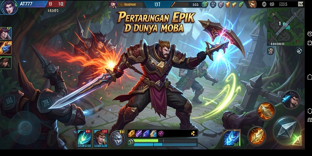 Tampilan gameplay AT777 menampilkan pertempuran strategis di arena MOBA yang seru.