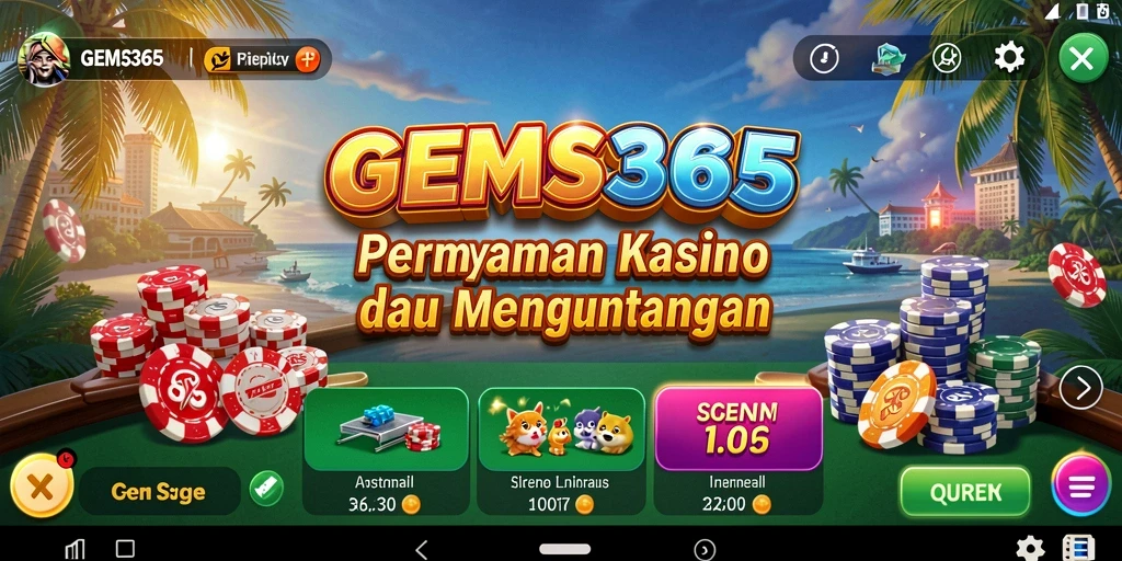 Tampilan gameplay GEMS365 yang menarik dan dinamis di dalam aplikasi Kasino.