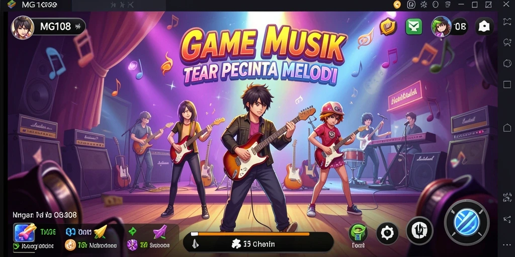 Tampilan gameplay MG108 yang penuh warna dan musik.