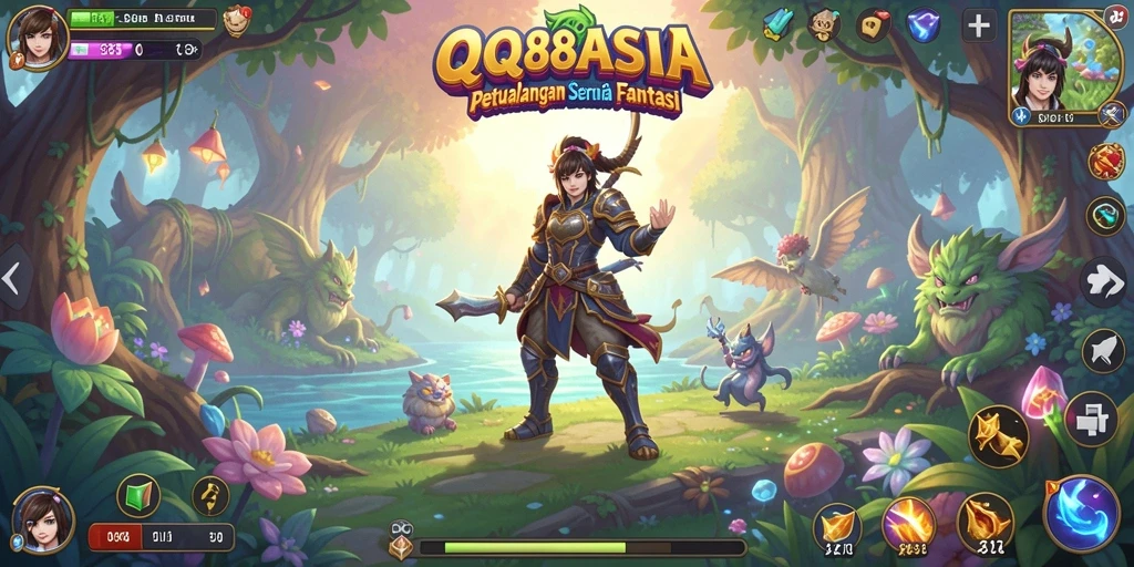 Screenshot gameplay QQ88ASIA menampilkan karakter yang menjelajahi dunia fantastis.