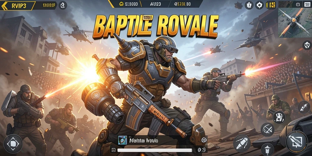 Screenshot utama RVIP3 menampilkan aksi pertempuran Battle Royale yang mendebarkan.